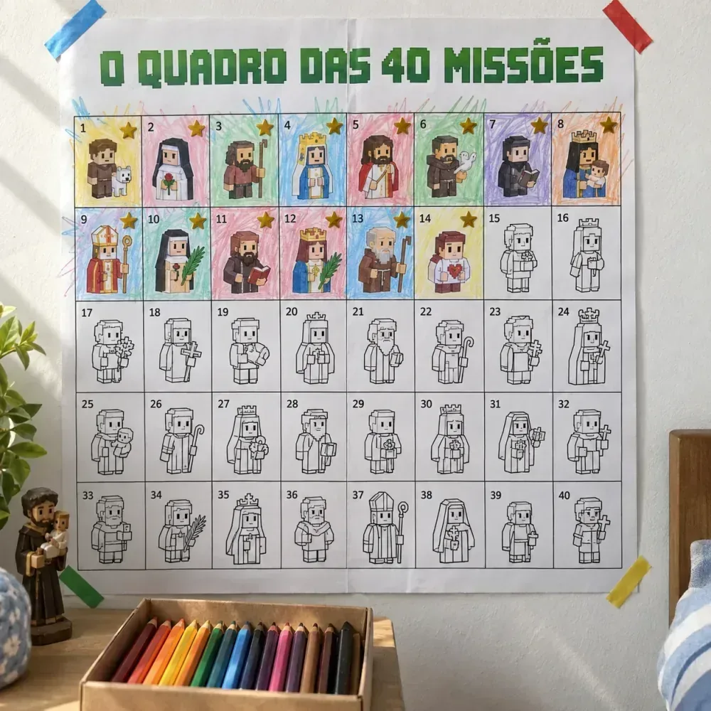 O quadro das 40 missões impresso em duas folhas e colado na parede, com os primeiros quadradinhos já pintados e marcados com estrela.