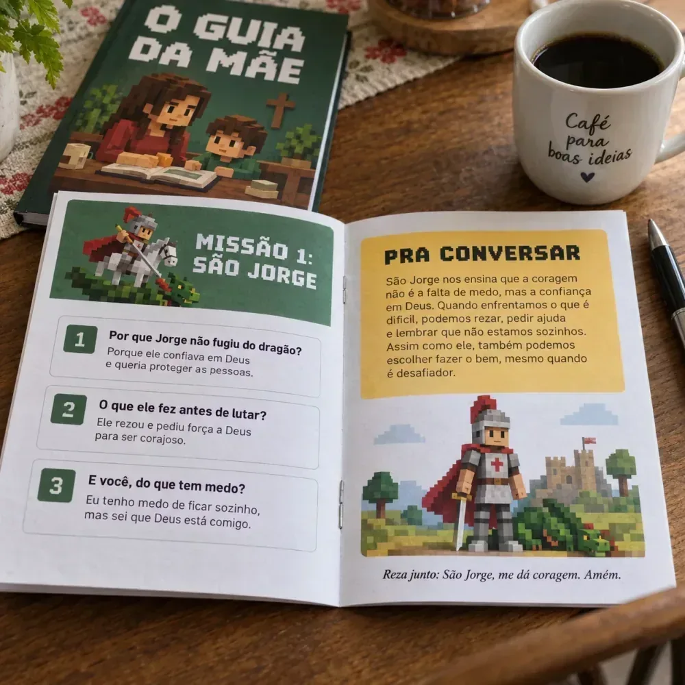 O guia da mãe: caderno verde aberto na Missão 1, São Jorge, com as três perguntas e as respostas curtas, e a página 