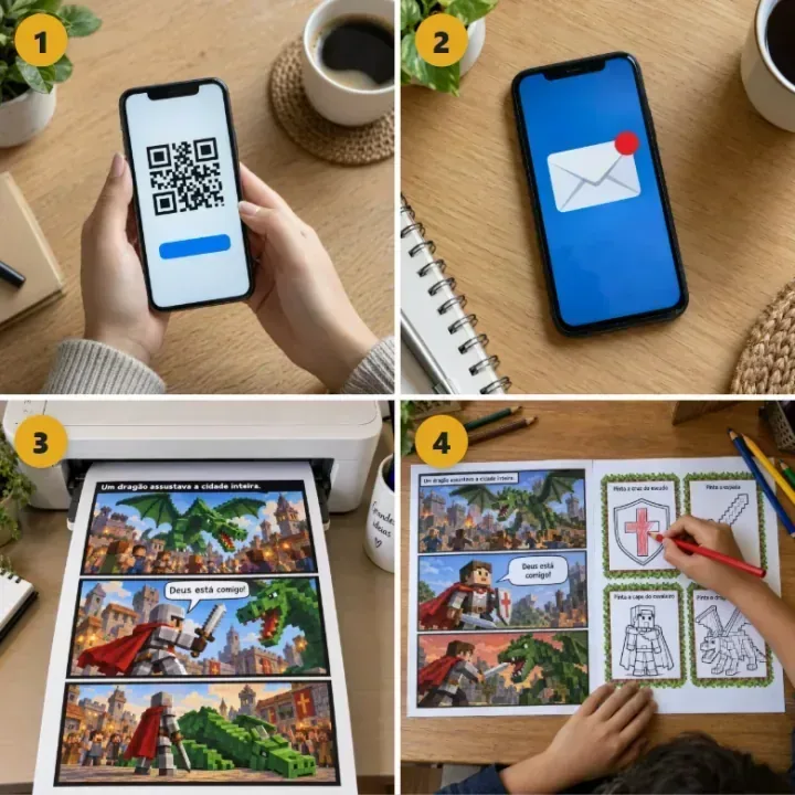 Os quatro passos, em foto: 1, você paga pelo celular. 2, o e-mail com o material chega. 3, a folha sai da impressora de casa. 4, a criança faz a missão com o lápis.
