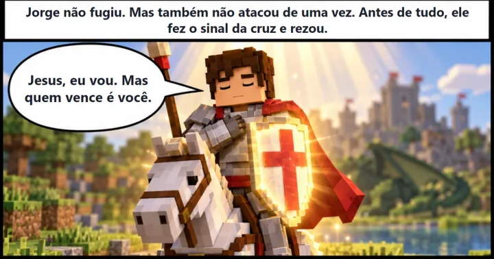 Quadro 3 da HQ da Missão 1: Jorge não fugiu nem atacou de uma vez: antes, fez o sinal da cruz e rezou.