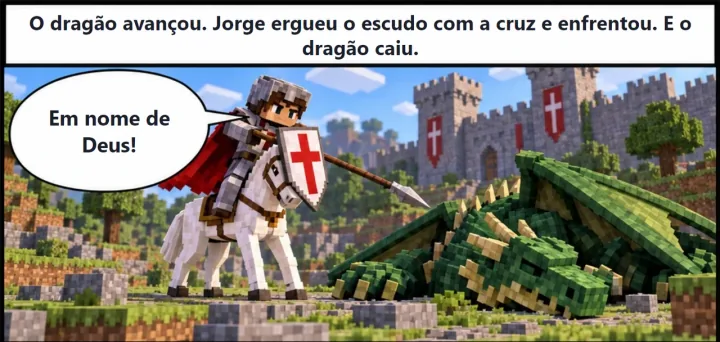 Quadro 4 da HQ da Missão 1: O dragão avançou, Jorge ergueu o escudo com a cruz e o dragão caiu.